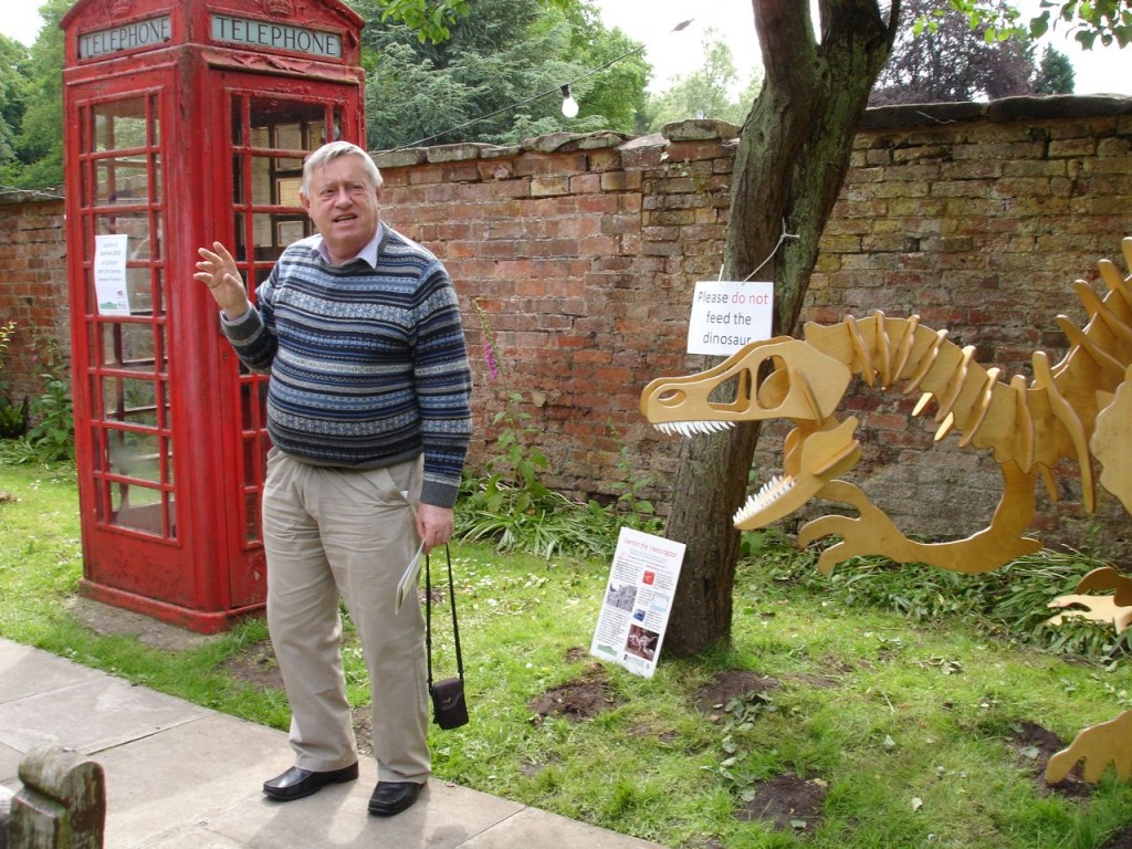 Geopark President Chris Darmon despite being stalked by a velociraptor, opens GeoFest 2014 at Hartlebury Museum