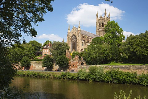 Worcester Cathedral and the River Severn, Worcester, Worcestershire, England, United Kingdom, Europe